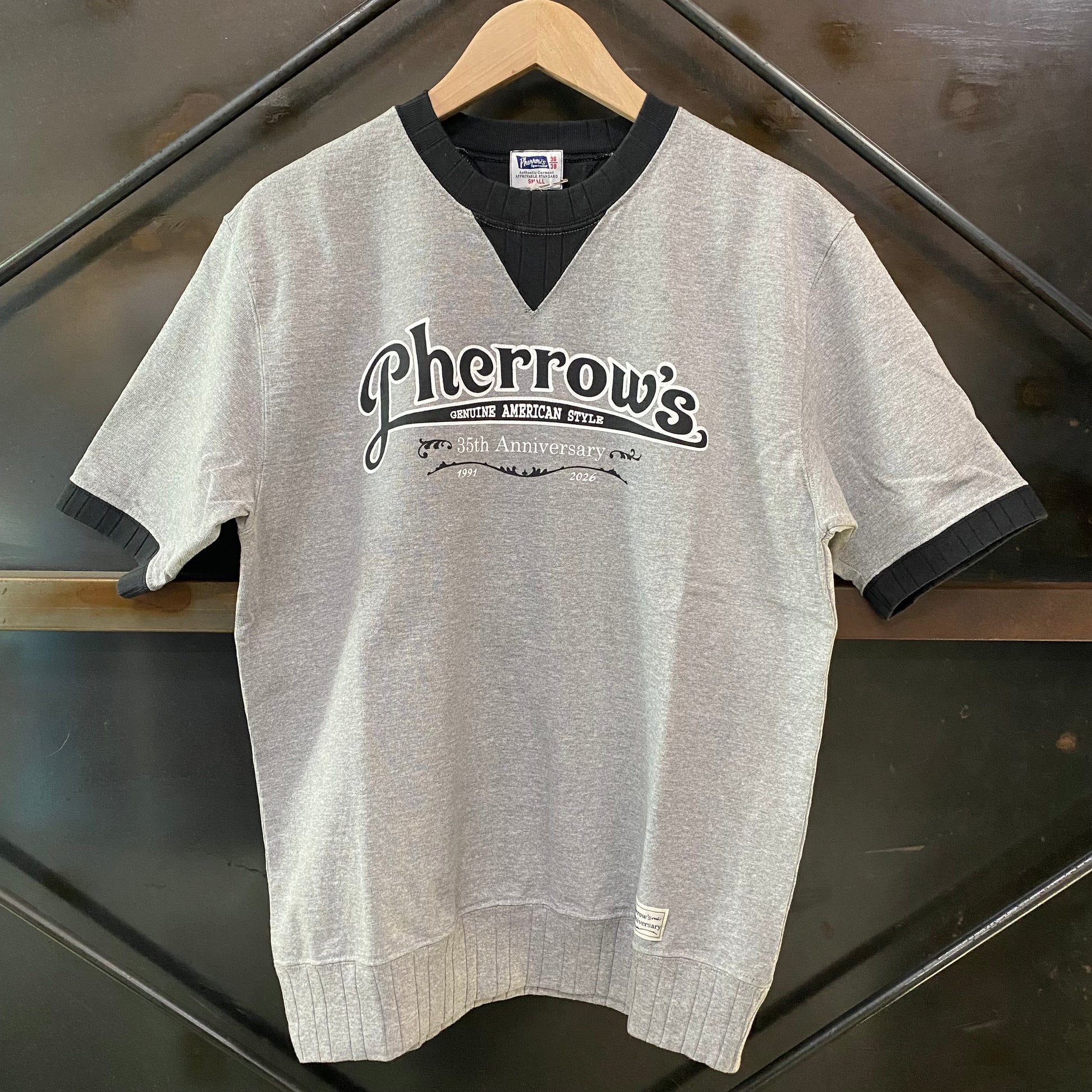 PHERROW'S /フェローズ 半袖 両V スウェット35周年モデル/26S-PVGT-35TH H.GRAYｘBLACK ヘザーグレー×ブラック スウェット ｜南国 高知のジーパン屋 ORIGINAL